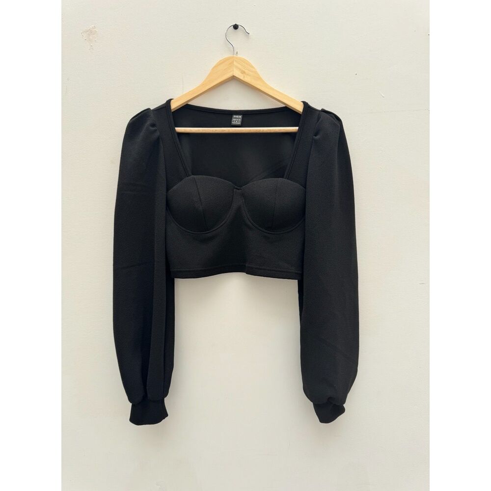SHEIN Black Bustier Crop Top Puff Sleeve Sweetheart Neckline Size S